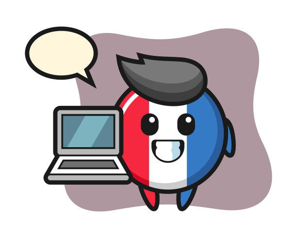 吉祥物法国国旗徽章和一台笔记本电脑图片下载