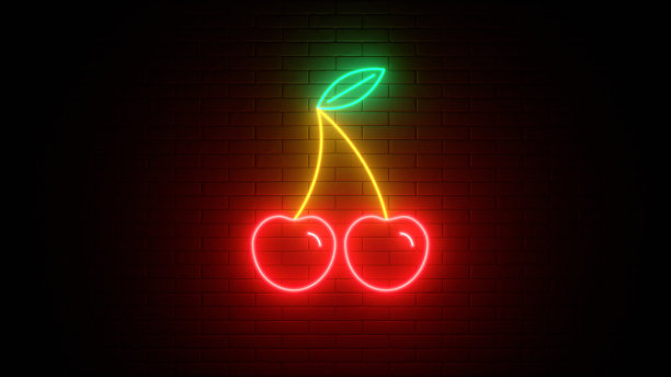 发光的樱桃图标。砖墙上的霓虹灯。抽象背景，光谱鲜明的色彩。3 d渲染插图。图片下载