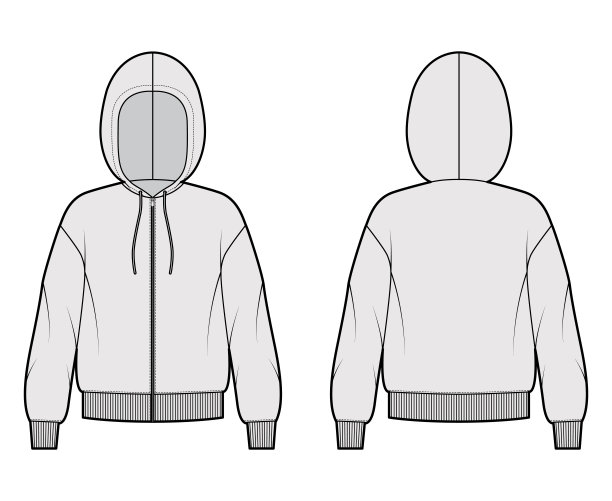 拉链连帽衫技术时尚插图与长袖，超大的身体，针织肋袖口，镶边hem图片下载