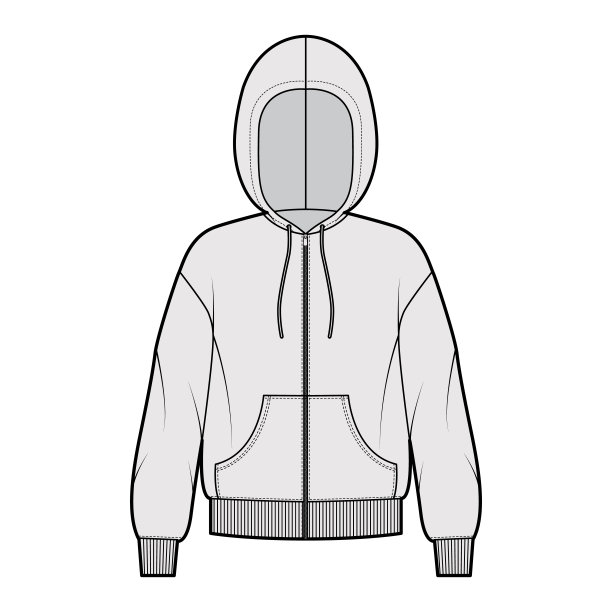 拉链卫衣运动衫技术时尚插图与长袖，超大，袋鼠袋，针织肋骨袖口，下摆图片下载