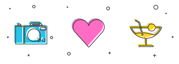 设置照片相机心脏和鸡尾酒图标图片下载