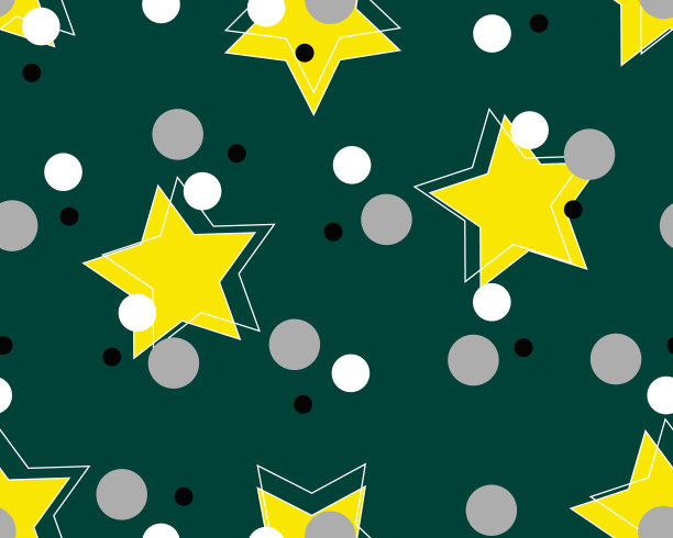 几何无缝图案与黄色的星星，单色，不同的圆圈，通用的白色，灰色，黑色的背景，覆盖背景矢量插图图片下载