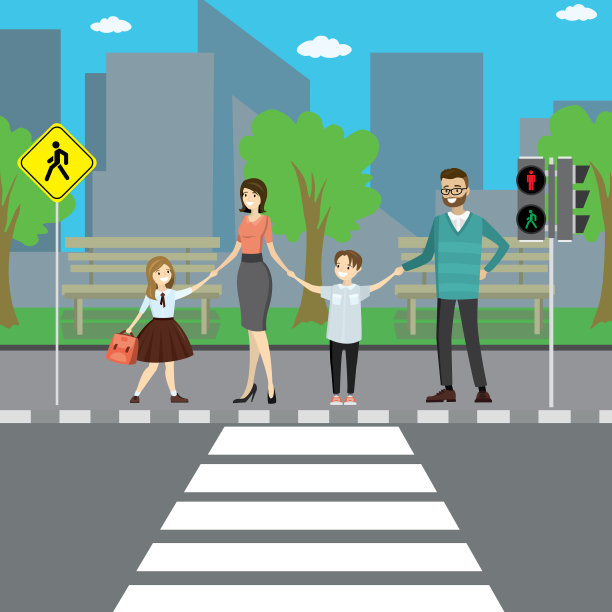 幸福的白人家庭在城市的人行横道上图片下载