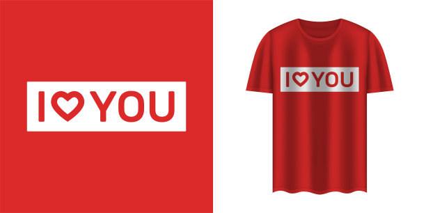 时尚的红色t恤和时尚设计的服装上印有“我爱你”的文字。纺织品，印花，t恤，网。排版，印刷，矢量插图。图片下载