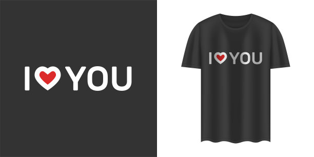 时尚的黑色t恤和时尚设计的服装上印有“我爱你”的文字。纺织品，印花，t恤，网。排版，印刷，矢量插图。图片下载