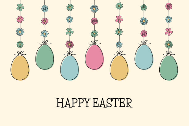 挂着祝福的复活节彩蛋。手绘装饰。贺卡。向量图片下载