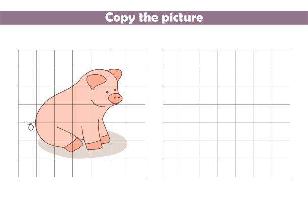 复制并绘制卡通猪的图片。书法练习。学龄前儿童工作表。教育游戏的孩子。矢量插图。图片下载