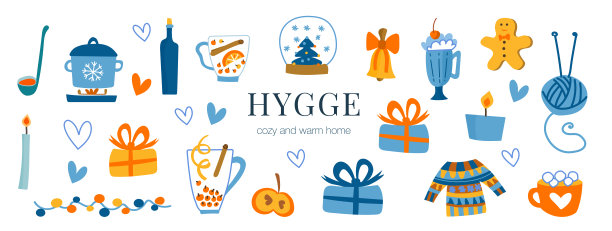 向量设置舒适的hygge家和室内项目。相册装饰贴纸，照片贴纸，蓝、红、黄三种颜色的搞笑卡通插图。礼物,饮料,安慰图片下载