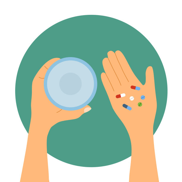 手握一杯水和扁平化的胶囊和药片。吃药治病。图片下载