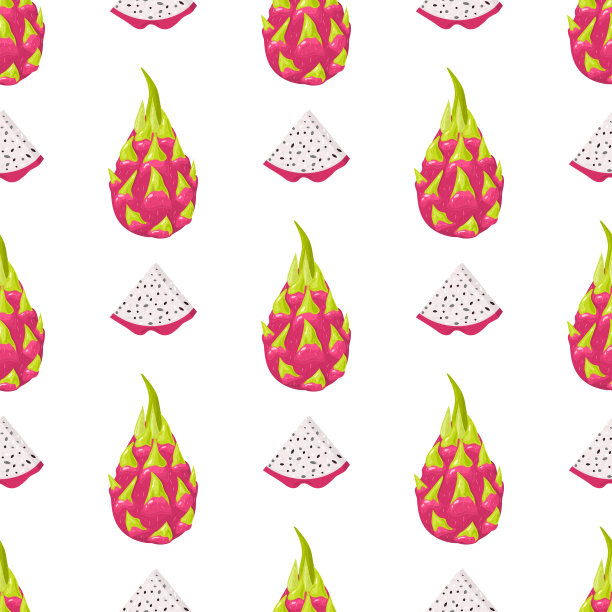 红色火龙果孤立在白色的背景上，以新鲜的整体和切块无缝图案。夏日水果，健康生活方式。有机水果。卡通风格。矢量插图为任何设计。图片下载