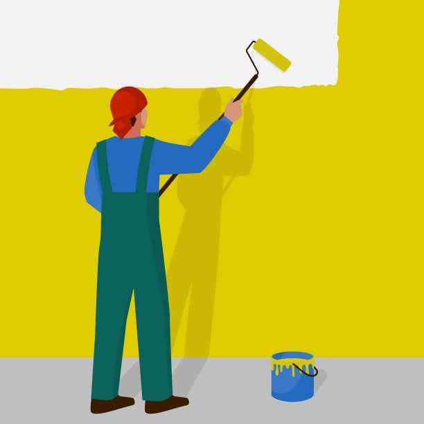 男人用油漆滚筒把墙涂成黄色图片下载