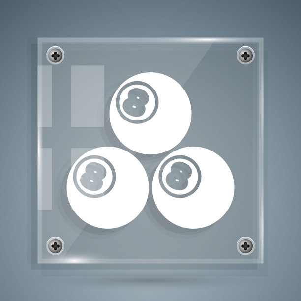 白色台球台球与数字8图标孤立在灰色背景。方形玻璃面板。向量图片下载