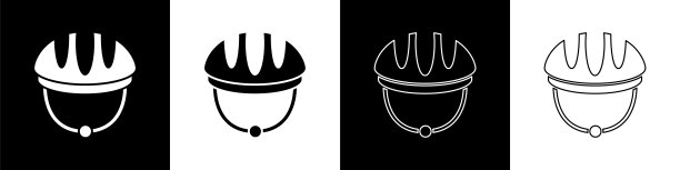 设置自行车头盔图标隔离在黑色和白色背景。极限运动。运动设备。向量图片下载