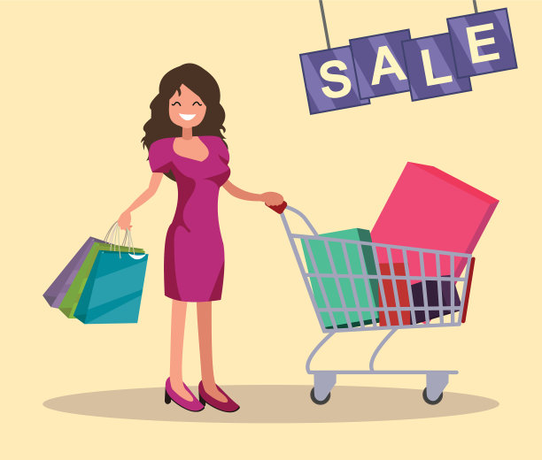 女孩与购物车和袋子出售图片下载