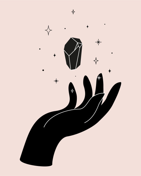 黑色妇女的手与天空水晶标志模板剪影设计闪耀的星星。向量神秘的标志与魔术符号在黑色和白色。斯堪的纳维亚涂鸦风格图片下载