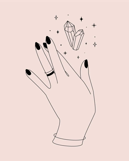 神秘的标志与魔术符号的手，水晶和星星在简单的线条风格。矢量插图的冥想徽章，图标，贴纸，打印和临时纹身图片下载