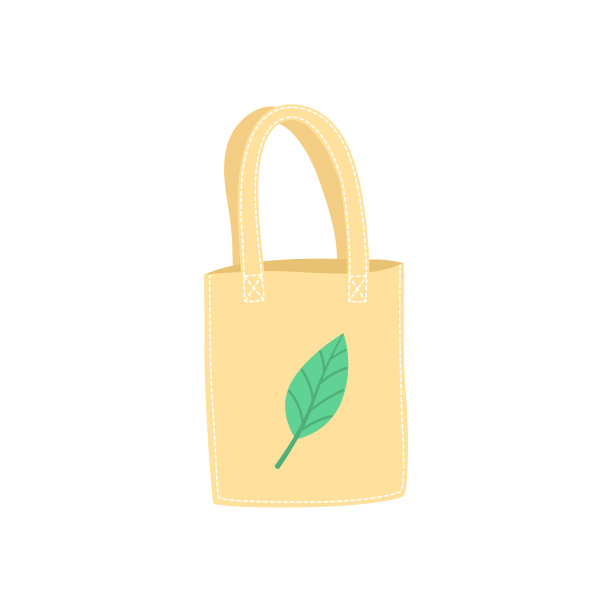 手绘环保袋用绿叶隔离在白色上，使用环保袋或纺织袋，不要使用塑料袋。现代矢量插图在一个平坦的风格。图片下载