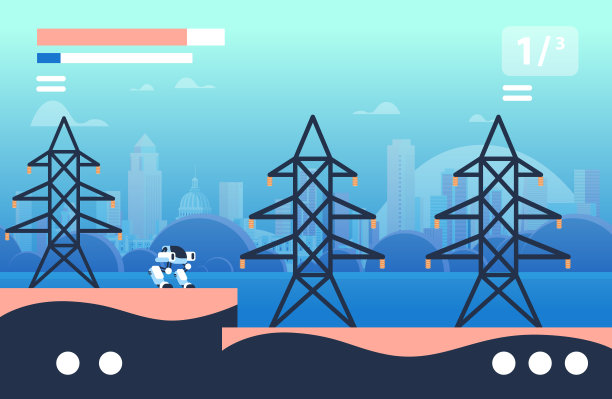 机器人在高电塔附近行走在线平台视频游戏关卡概念电脑屏幕图片下载