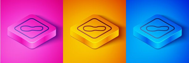 等距线人类脚印鞋图标孤立在粉色和橙色，蓝色背景。鞋鞋底。方形按钮。向量图片下载