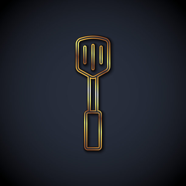 金色线烧烤抹刀图标孤立在黑色背景。厨房抹刀图标。烧烤抹刀迹象。烧烤和烧烤工具。向量图片下载