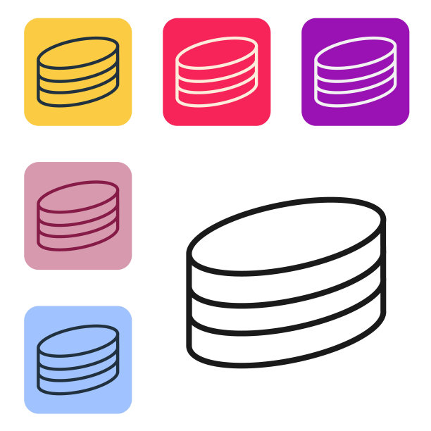 黑线布朗尼巧克力蛋糕图标孤立在白色背景。设置图标的颜色方形按钮。向量图片下载