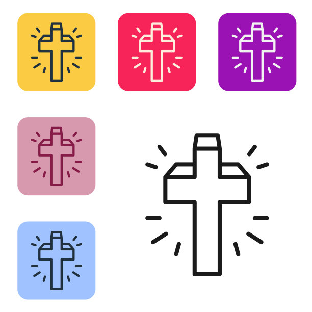 黑线基督教十字图标孤立在白色的背景。教堂的十字架。在彩色方形按钮中设置图标。向量图片下载