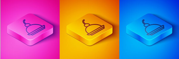 樱桃芝士蛋糕片和水果顶部图标孤立在粉色和橙色，蓝色的背景。方形按钮。向量图片下载