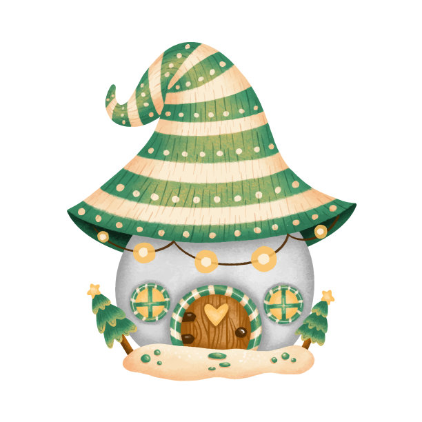 插图一个可爱的卡通圣诞侏儒房子孤立在白色的背景。斯堪的纳维亚绿色和灰色的童话房子。圣诞姜饼屋。图片下载
