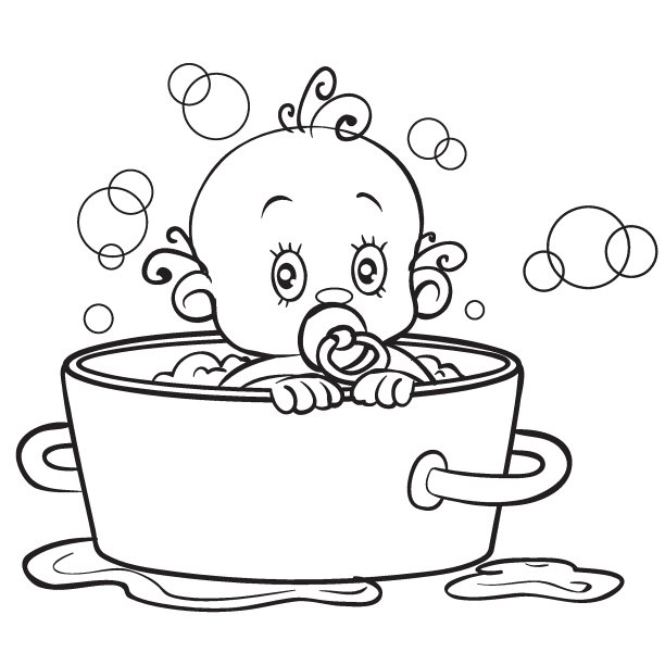 一个带着奶嘴的小孩在浴缸里洗澡的素描，卡通插图，白色背景上的孤立物体，矢量，图片下载