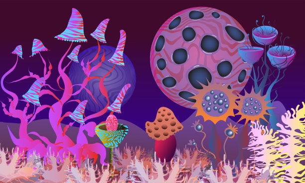 幻想外星景观。外来蘑菇和植物。空间和行星。矢量插图。图片下载