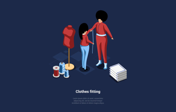矢量插图的衣服拟合概念。等距构图在卡通3D风格。深色背景和设计元素。两个字符。妇女为客户量衣服，缝纫物品图片下载
