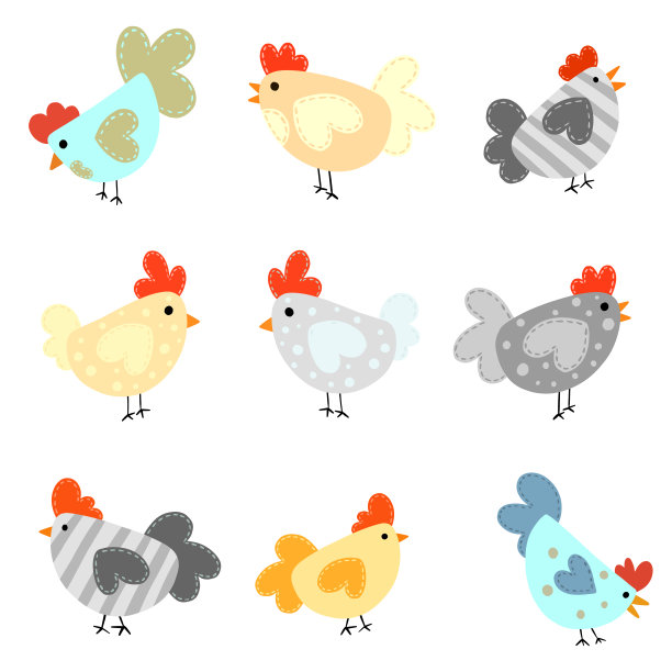 可爱的卡通母鸡，鸡和公鸡在矢量插图图片下载