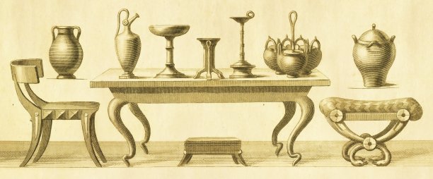 古希腊的工艺品。花瓶，瓮和陶器在桌子上|古董历史插图图片下载