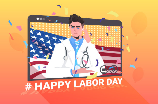 男性医生在网页浏览器窗口与美国国旗图片下载