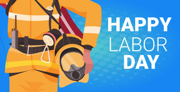 身着制服、手持美国国旗和头盔的消防员图片下载