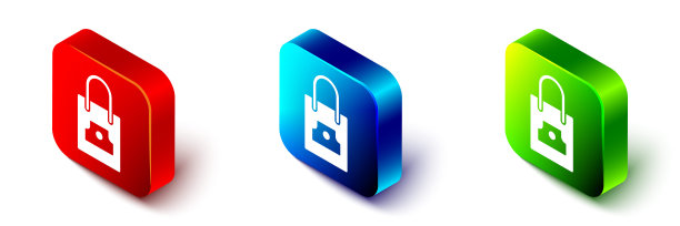 等距纸购物袋与喷雾可以喷嘴帽图标隔离在白色背景。红色，蓝色和绿色的方形按钮。向量图片下载