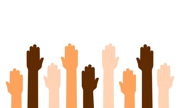 多元化的人手，男性、女性，多文化群体，多民族团队，文化多元化理念。男人，女人举起手臂，庆祝，友谊，投票。矢量在孤立的背景。每股收益10图片下载