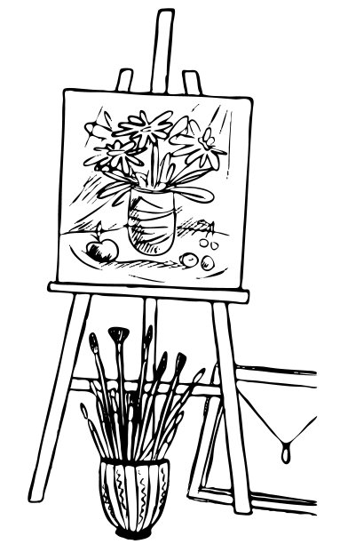 一个有一幅画和许多画笔的画架图片下载