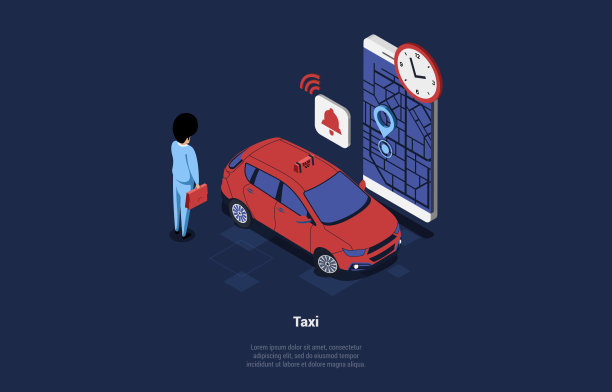 出租车应用概念矢量图。等距构图在卡通3D风格。深色背景和设计元素。一名男子站在红色汽车旁，手机，带有GPS屏幕的地图图片下载