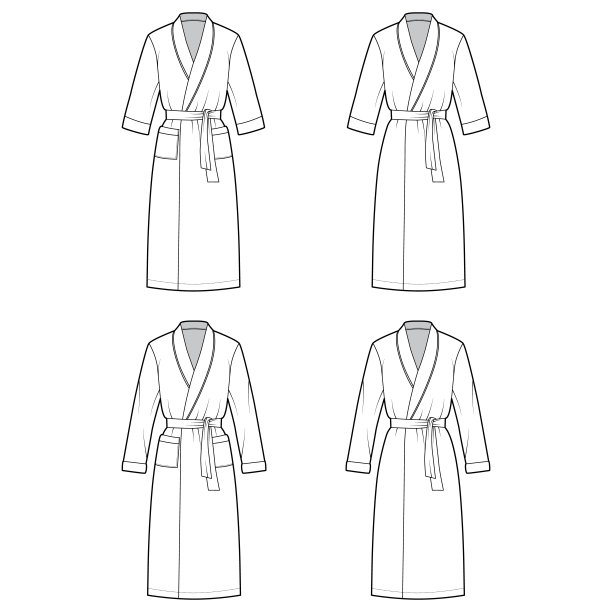 一套浴袍穿衣长袍的技术时尚插图与wrap开放，膝盖长度，领带，肘长袖图片下载