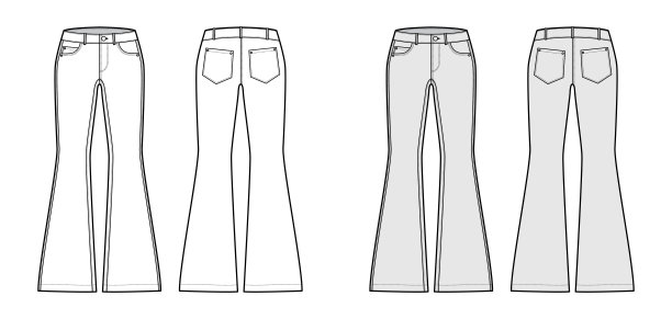 牛仔喇叭裤牛仔裤技术时尚插图，长，低腰，上升，5个口袋，铆钉平图片下载