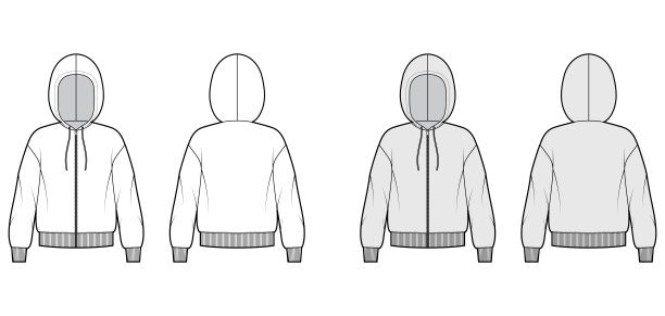 拉链连帽衫技术时尚插图与长袖，超大的身体，针织肋袖口，镶边hem图片下载