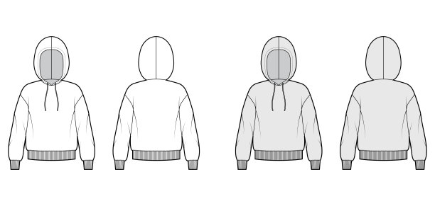 连帽衫的技术时尚插图与长袖，超大的身体，针织罗纹袖口，带状下摆，拉绳图片下载