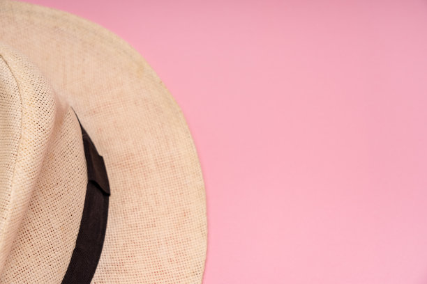 半顶草帽，粉色背景。概念上的照片。特写镜头。副本的空间。图片下载