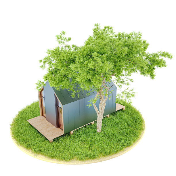 一个现代小木屋的俯视图在斯堪的纳维亚风格的谷仓在一个岛上有绿色的草坪和冷杉树。白色背景上的3D插图是孤立的图片下载