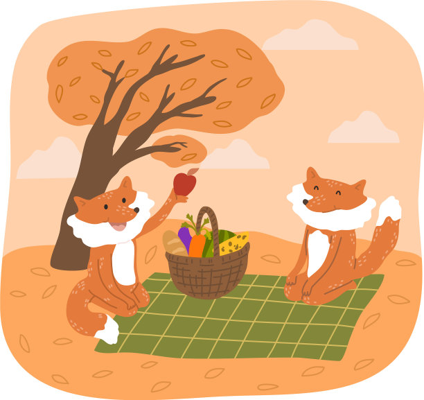 微笑的狐狸坐着，与新鲜的野餐图片下载