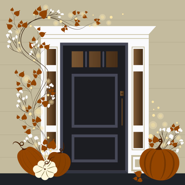 有橙色南瓜和花环的万圣节门图片下载