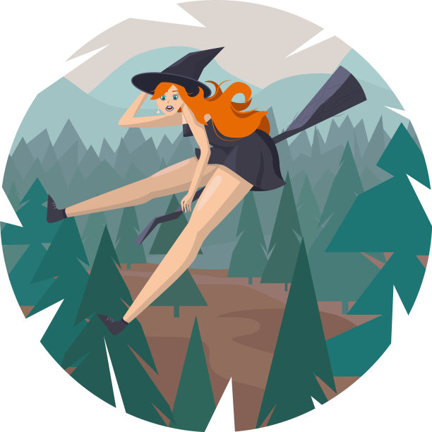 红发女巫骑着扫帚飞过森林图片下载