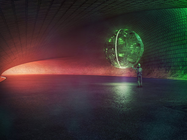 未来的技术无人机漂浮在空旷的黑色混凝土地板上，以实验室大厅或外星飞船为背景的弯曲砖墙。图片下载