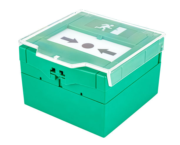 躺绿色紧急开门按钮关闭透明盖隔离在白色背景图片下载